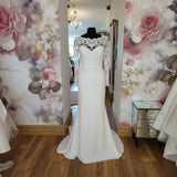 White One Olmo designer crepe and lace wedding dress sample