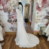 White One Olmo designer sample crepe and lace wedding dress