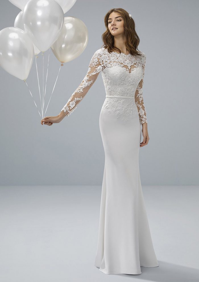 White One Olmo designer crepe and lace wedding dress with sleeves
