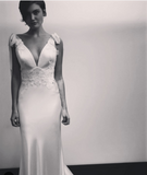 David Fielden satin backed crepe designer wedding dress sample sale Rosemantique