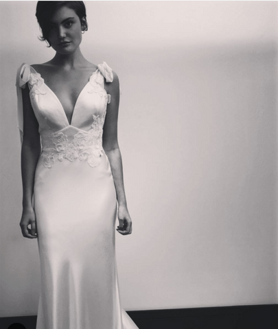 David Fielden satin backed crepe designer wedding dress sample sale Rosemantique